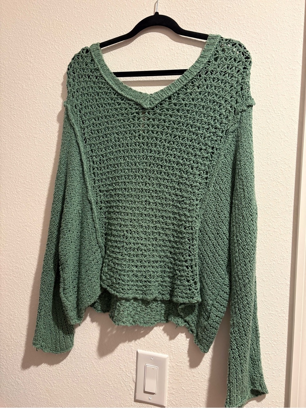 Free People Open-Knit V-Neck Sweater in Sage Green